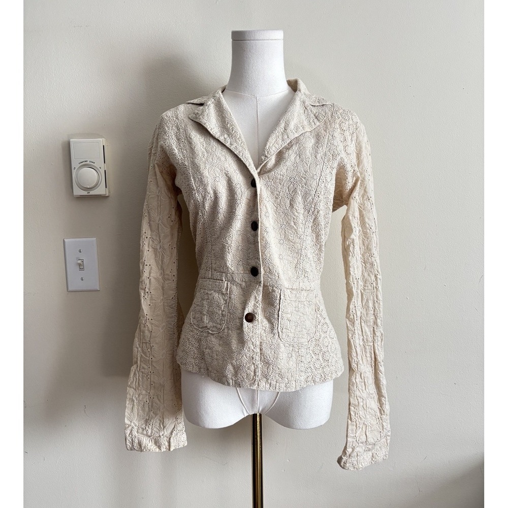 Johnny Was Womens XS Blazer Jacket Embroidered Lace Cream Snap Button Boho Chic